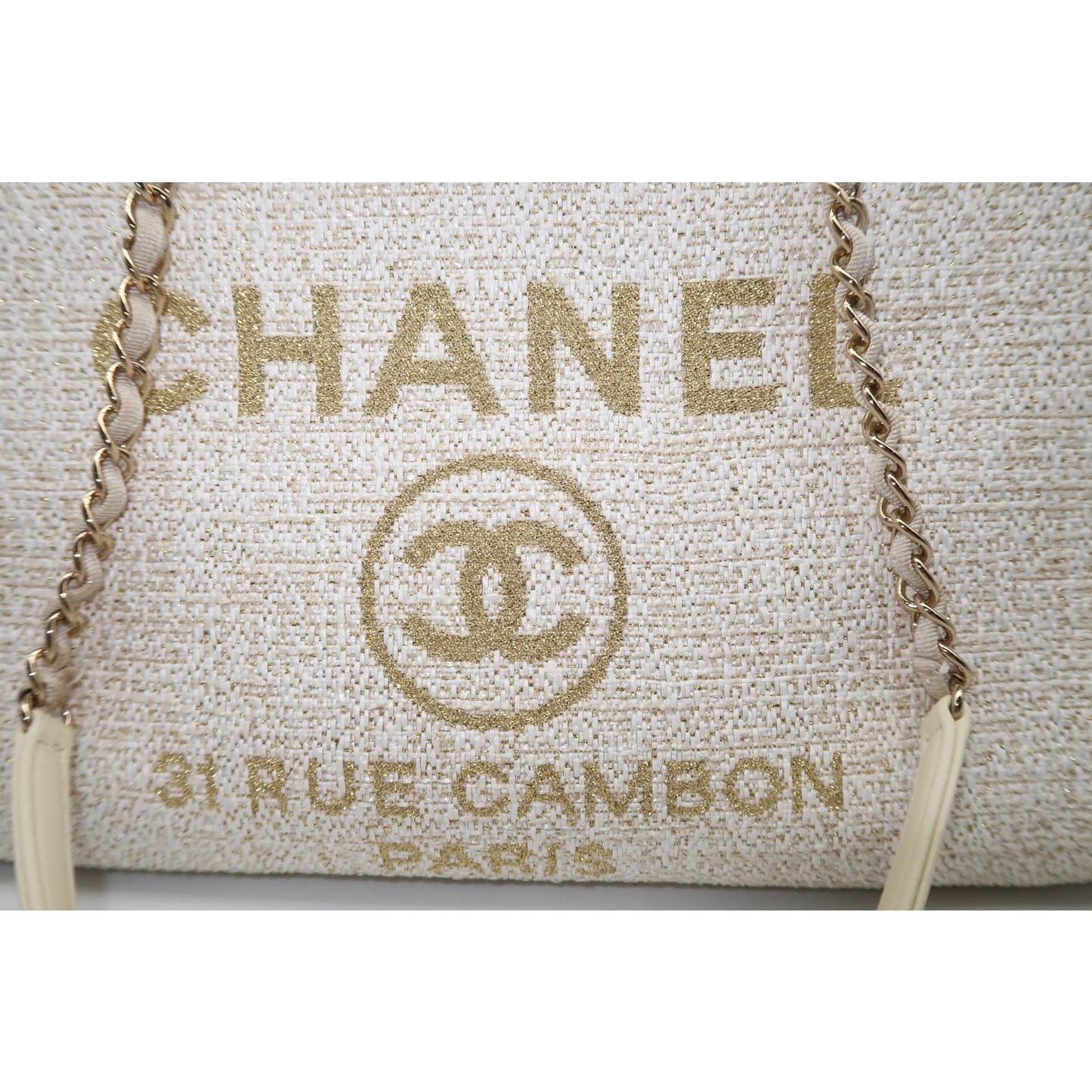Chanel Raffia Deauville Glitter Logo Accent Tote Bag