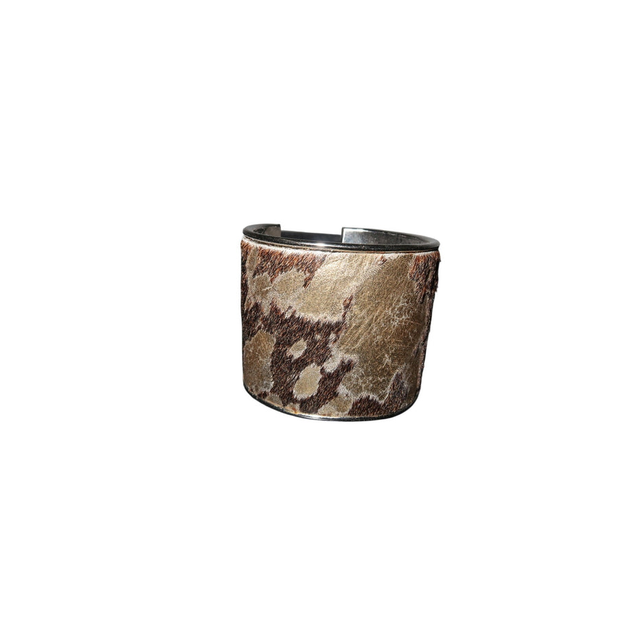 Cowhide Cuff Bracelet Wide Hair-On Hide Silver-Tone Metal Western Boho Statement