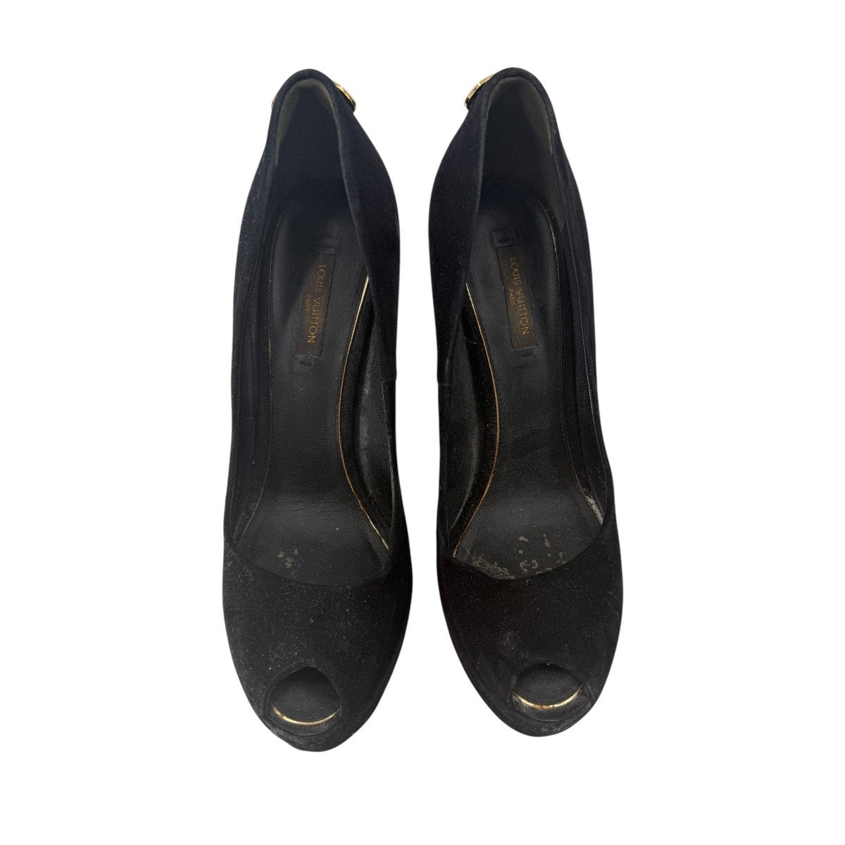 Louis Vuitton Suede Oh Really Heel Lock Peep Toe Pumps Black Women's Size 37