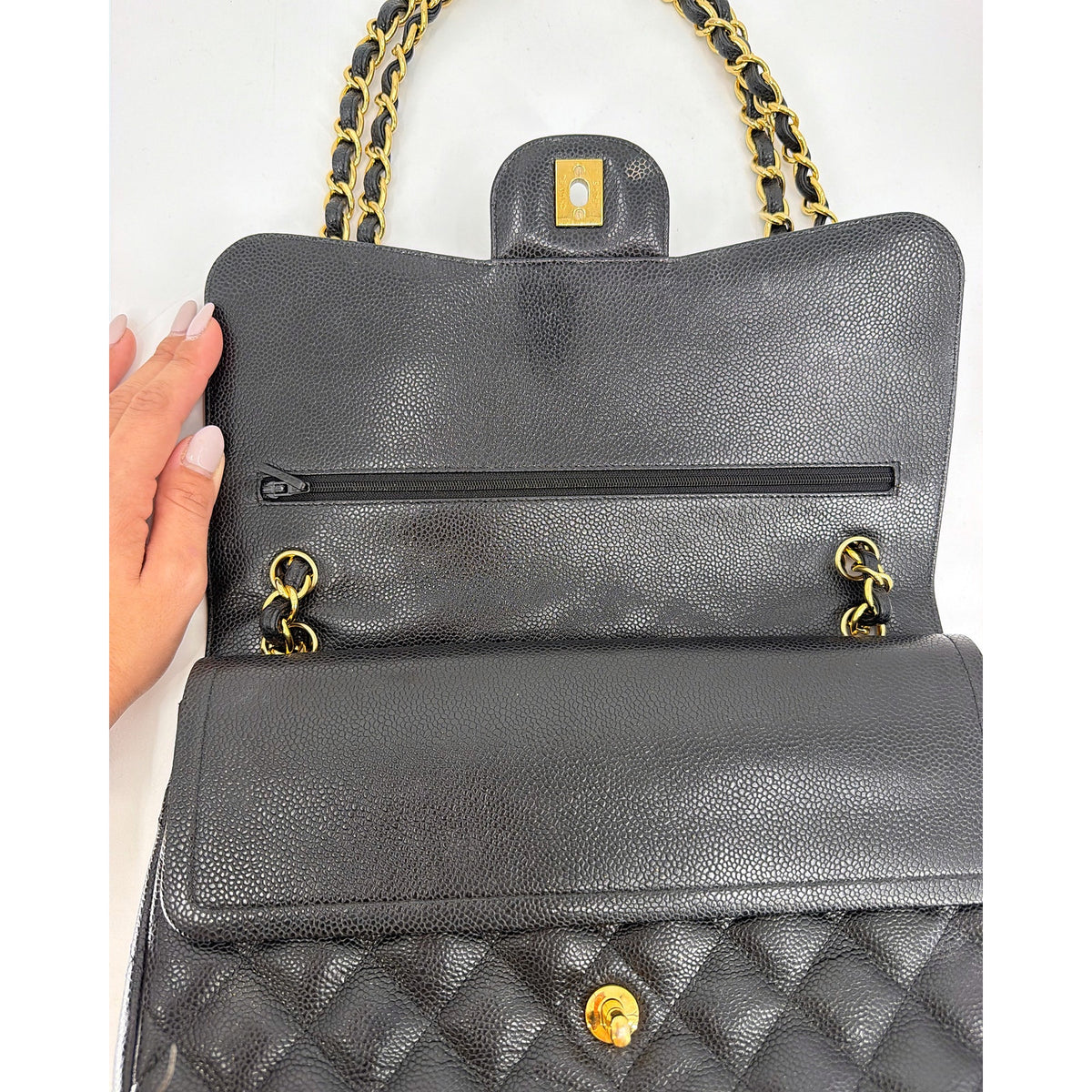Chanel Classic Double Flap Jumbo Caviar Leather Black Gold Hardware Shoulder Bag