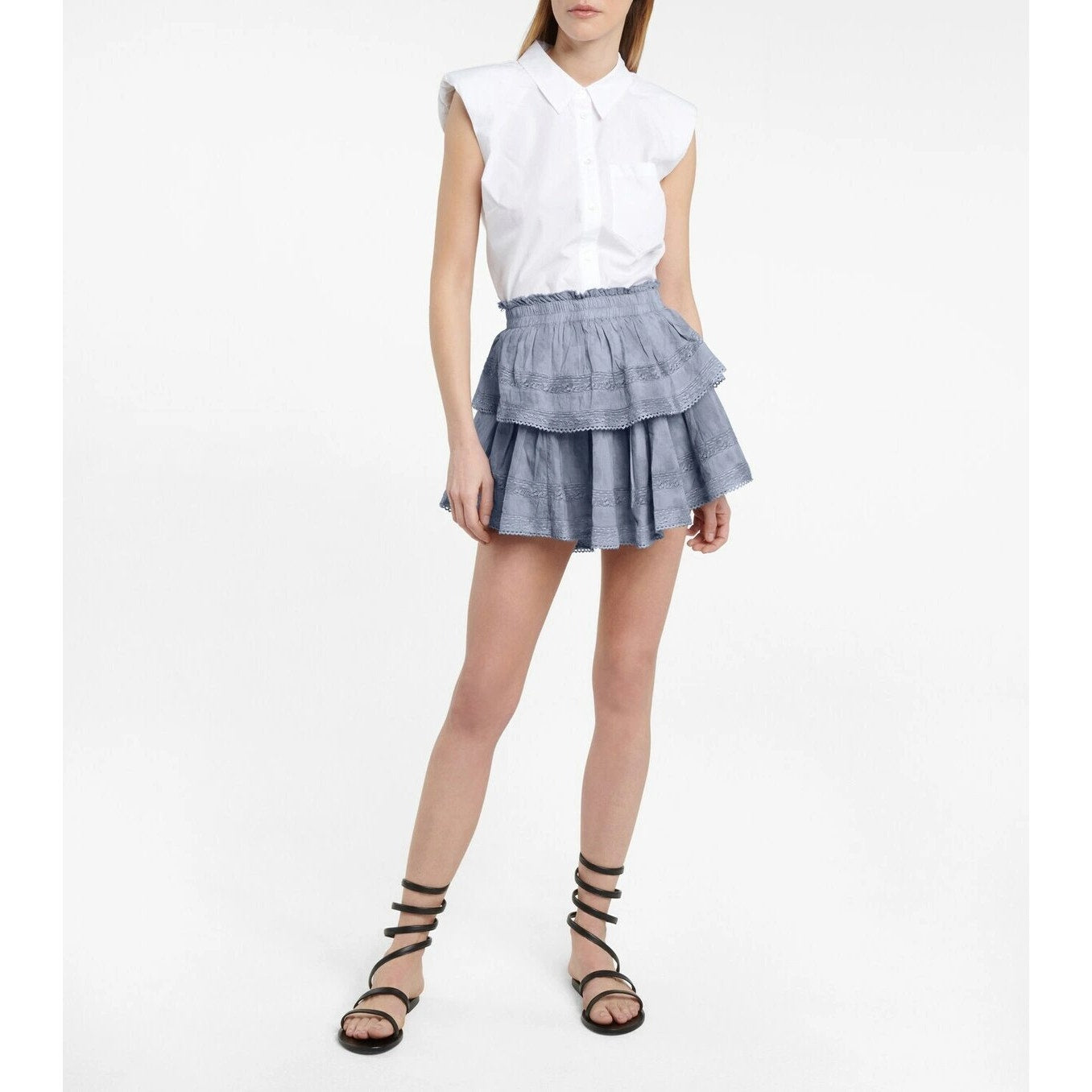LoveShackFancy Cotton Mini Skirt with Lace Trim, Ruffles, and Pleated Tiers