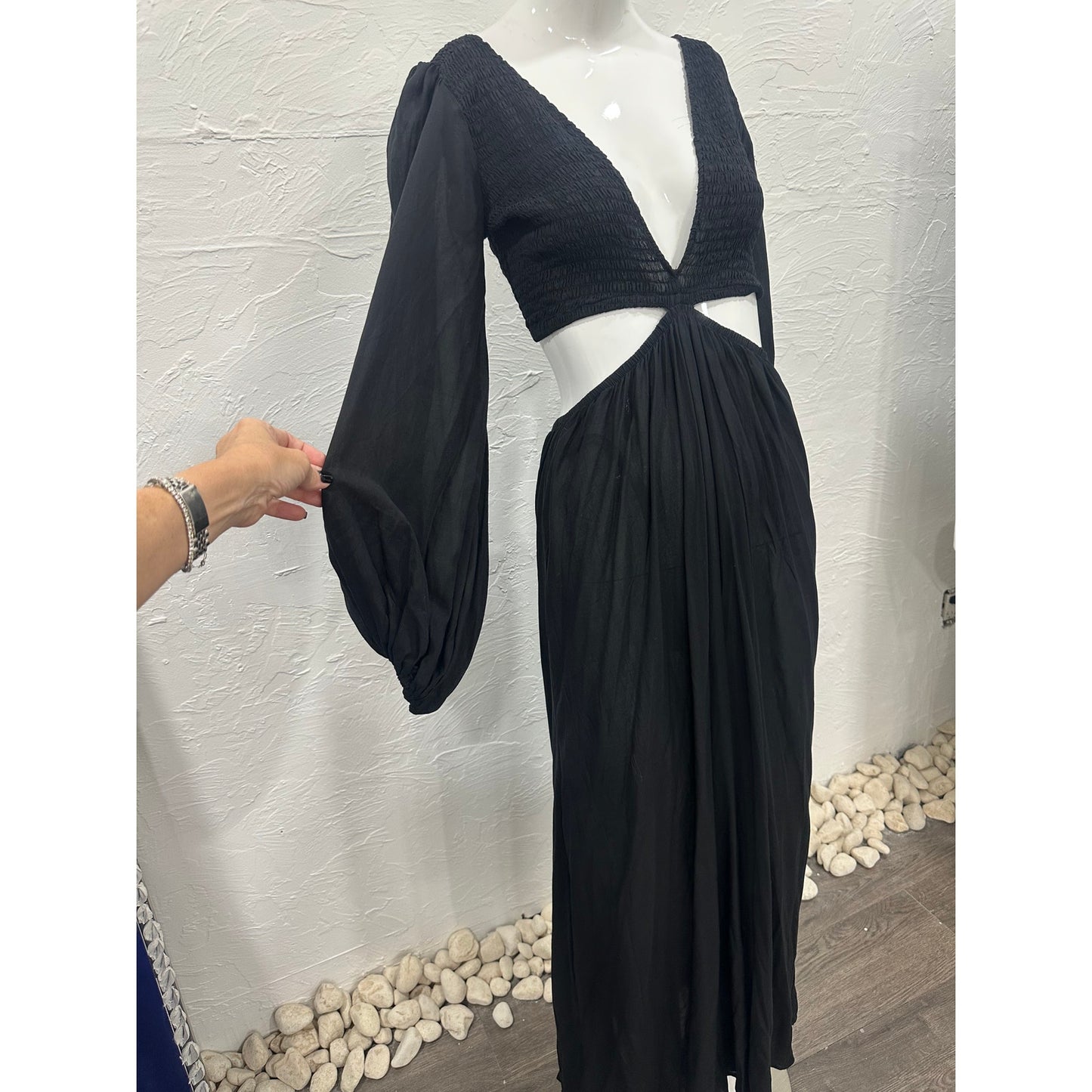 Indah Julie Ruched Bodice Cutaway Puff Sleeve Maxi Dress