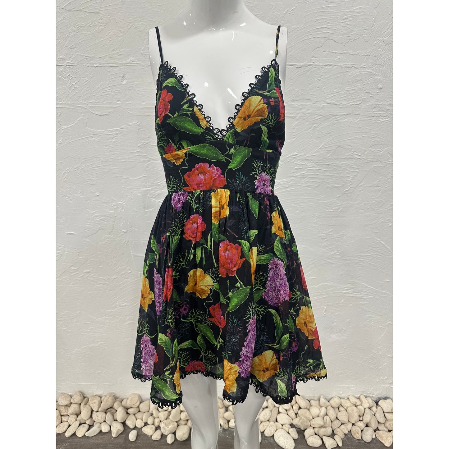 Charo Ruiz Cotton Floral Print Lace Trim Issya Mini Dress Women's