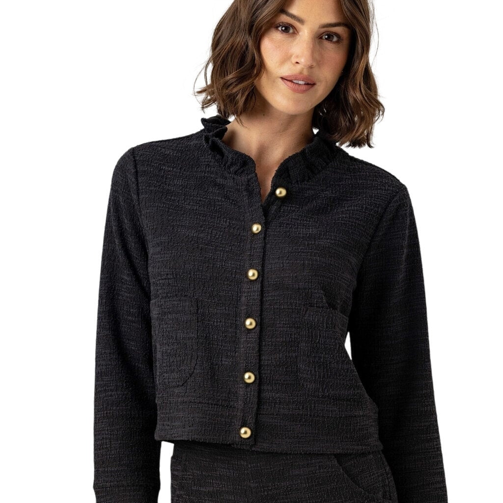Sundays Maggie Black Knit Ruffle Collar Long Sleeve Cardigan Sweater