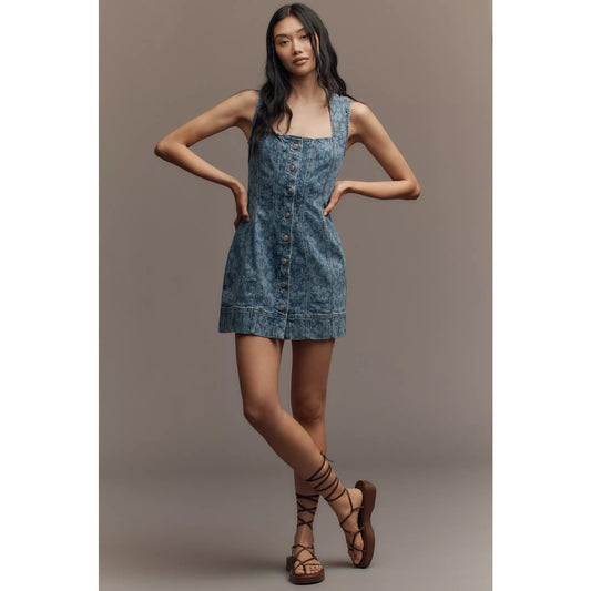 Good American Cotton Blend Denim Floral Sleeveless Mini Dress