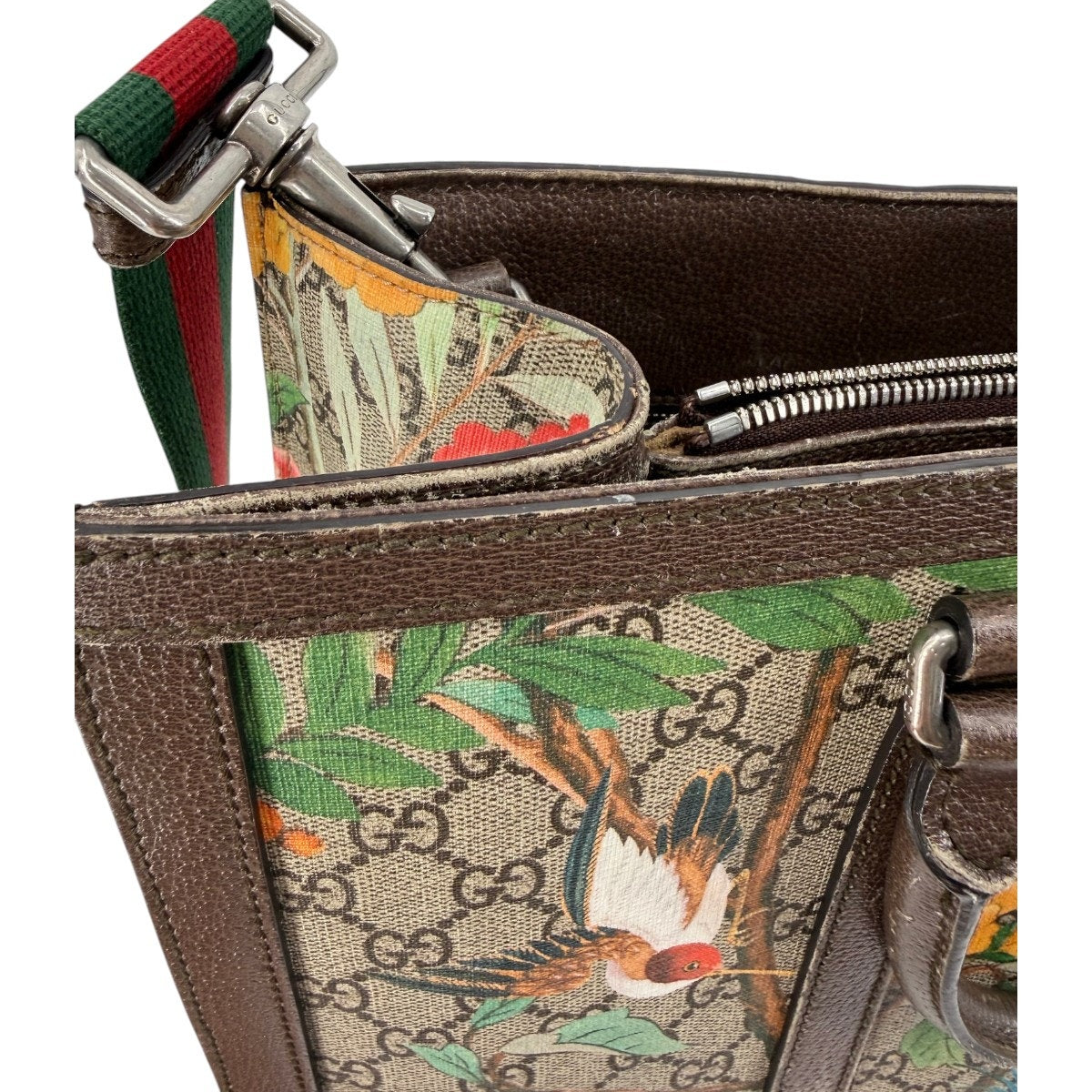 Gucci GG Supreme Tian Leather Tote Bag Ebony Brown Floral Bird Print