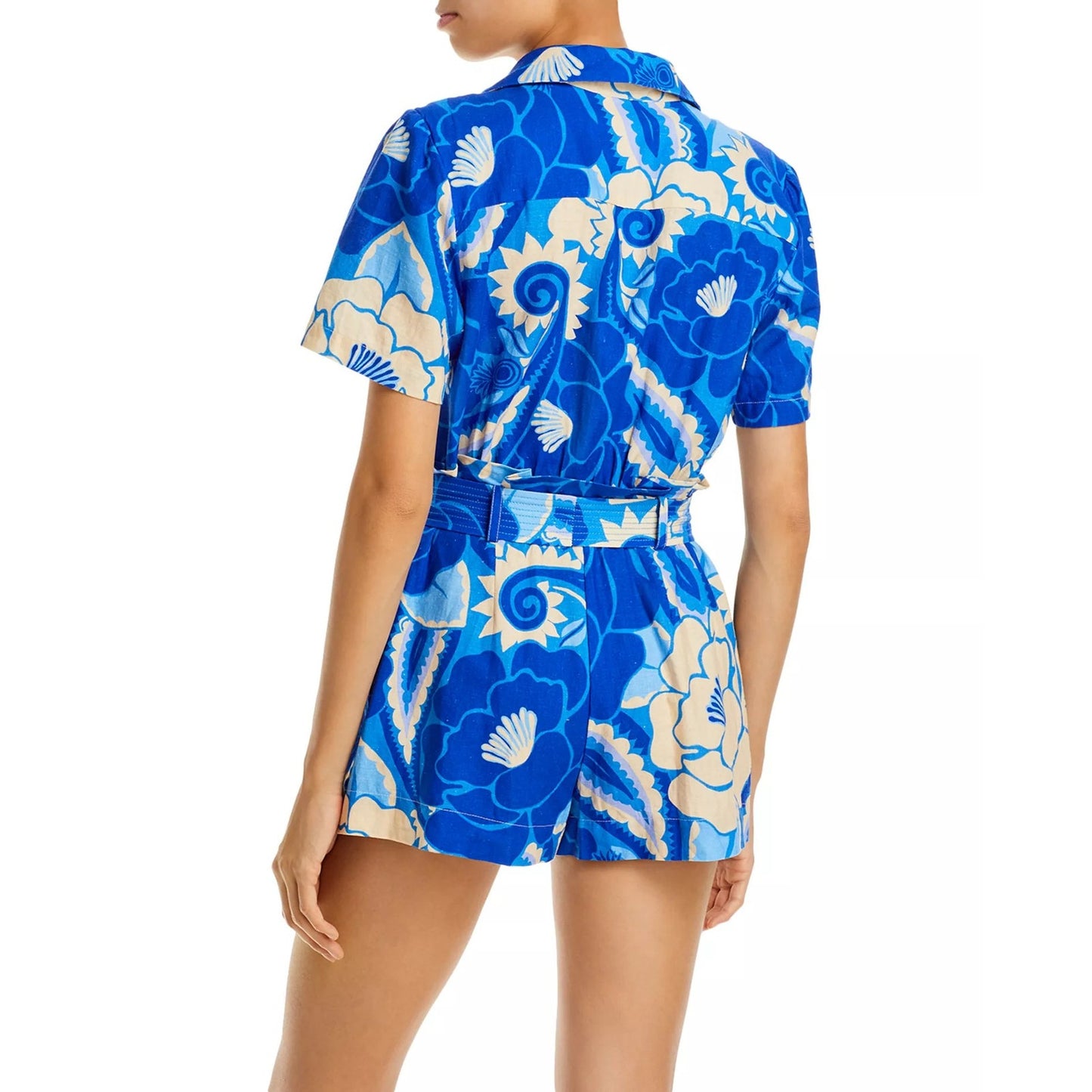 Farm Rio Tropical Groove Collared Button Front Belted Romper Blue Women's Size S
