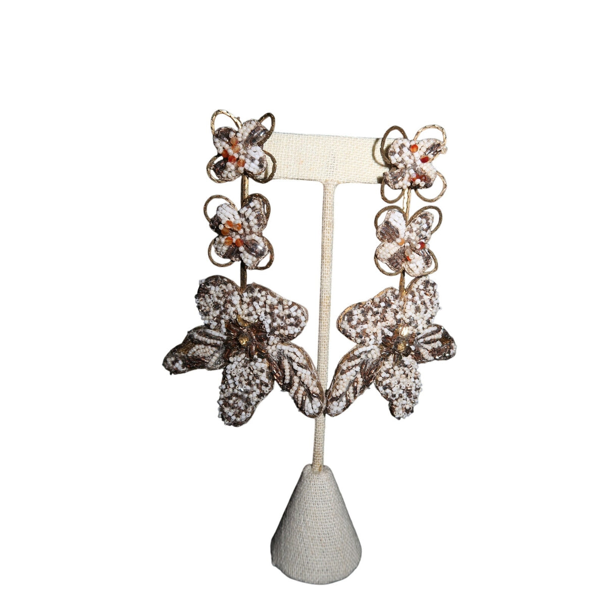 Flower Beaded Gold Cream Floral Chandelier Statement Earrings