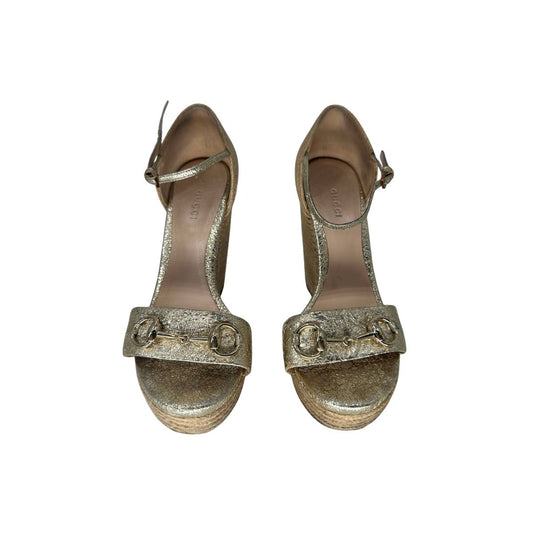 Gucci Leather Crackled Carolina Horsebit Espadrille Wedge Sandals