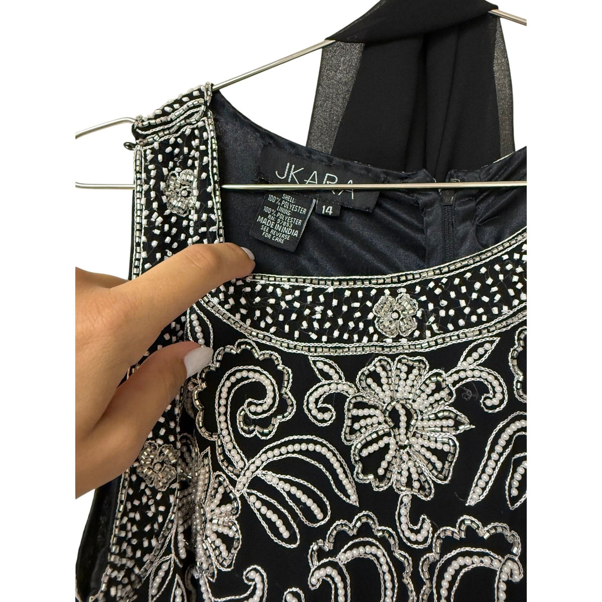 J Kara Black Scallop Beaded Sleeveless A-Line Maxi Dress Sheer Scarf