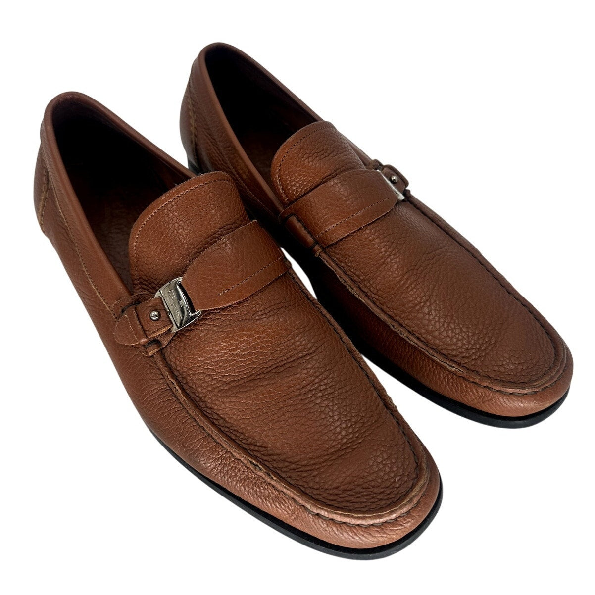 Salvatore Ferragamo Gancini Pebbled Leather Loafers Brown Men's Size 12 D