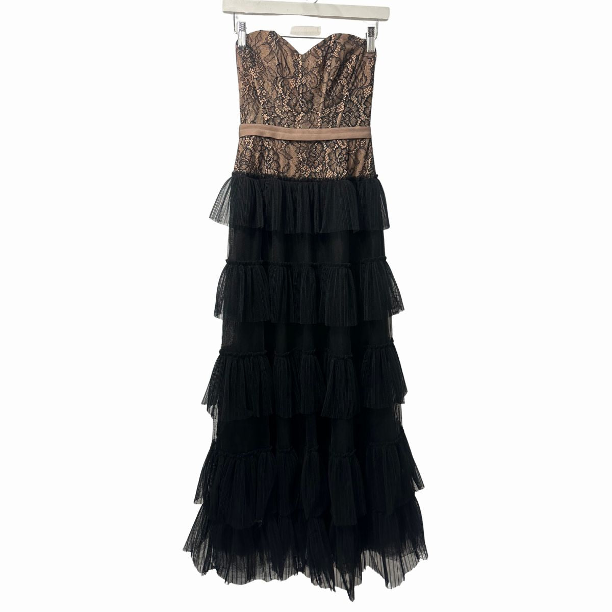 BCBGMAXAZRIA Strapless Floral Lace & Tulle Ruffle Maxi Evening Gown