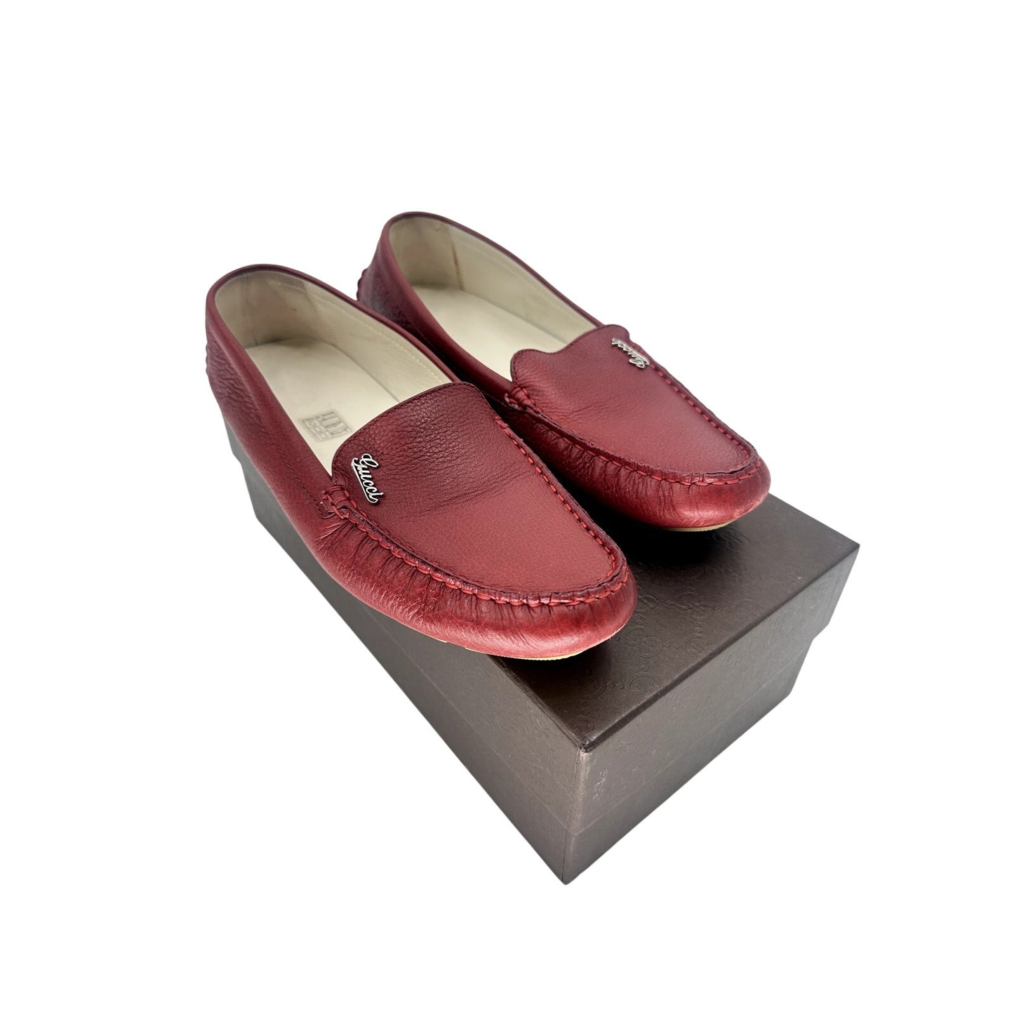 Gucci Leather Logo Accent Slip On Moccasin Flats Loafers