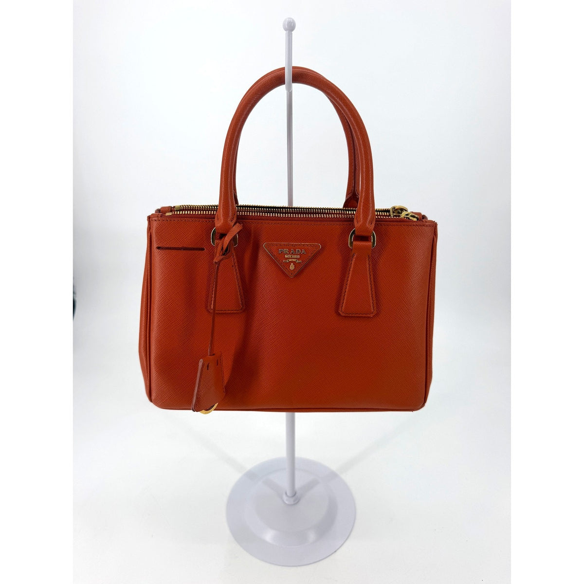 Prada Galleria Saffiano Leather Small Double Zip Tote Orange Gold Hardware Strap