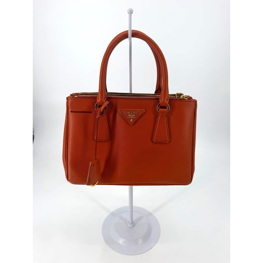 Prada Galleria Saffiano Leather Small Double Zip Tote Orange Gold Hardware Strap