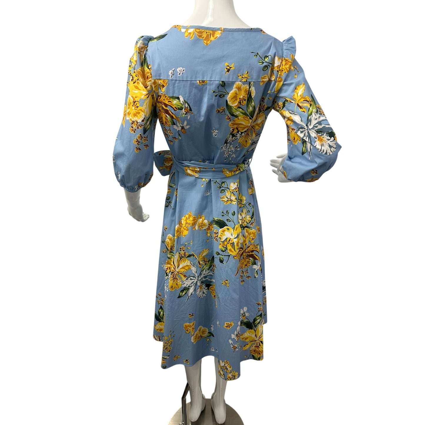 Marchesa Notte Floral Puff Sleeves V-Neck A-Line Midi Dress Blue