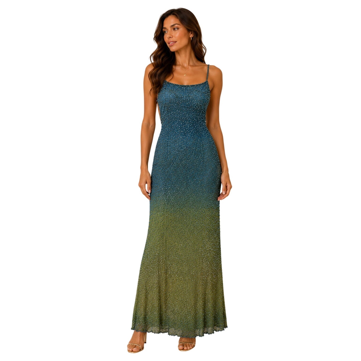 Mia Bella Silk Beaded Ombre Low Back Maxi Dress