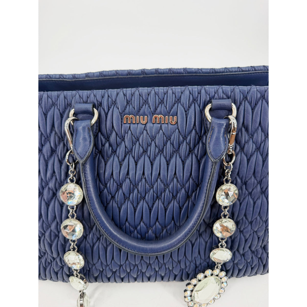 Miu Miu Nappa Crystal Matelasse Top Handle Tote Navy Blue Leather Chain Strap