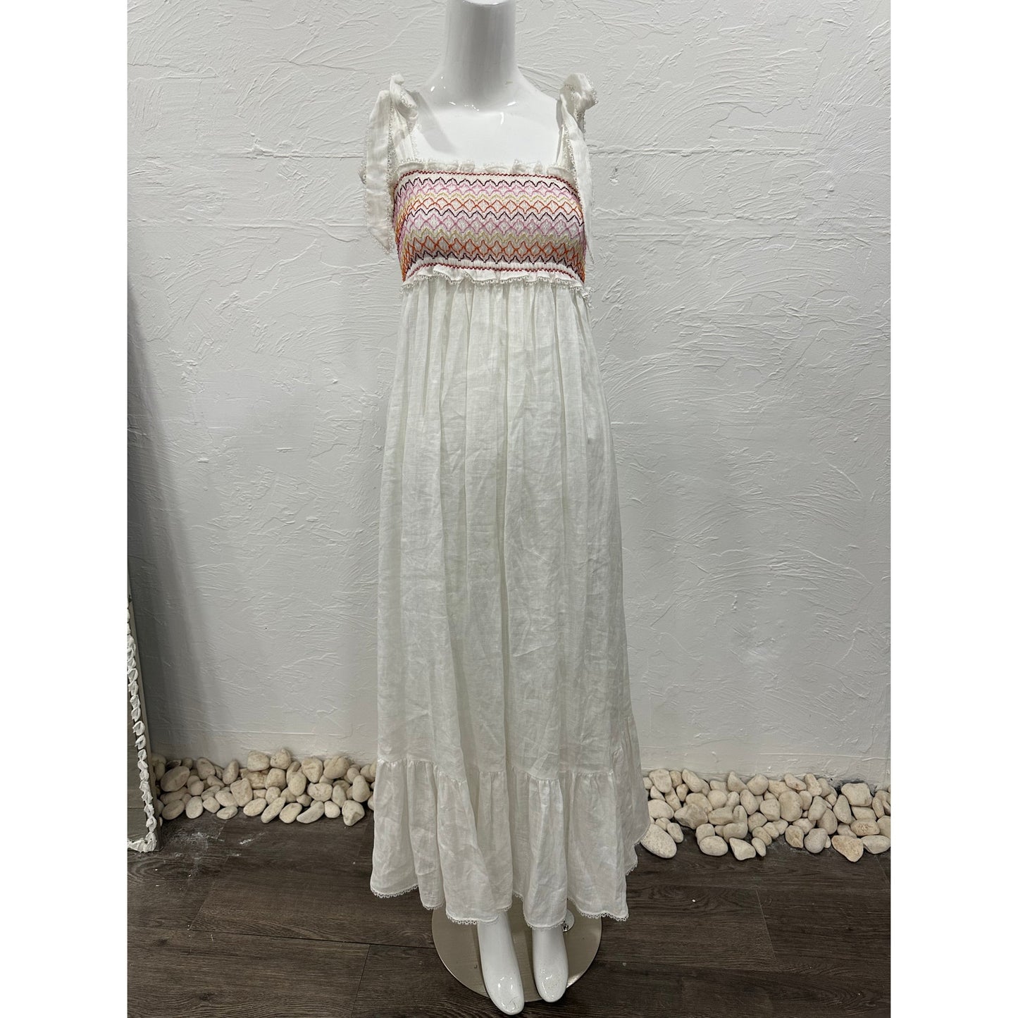 Zimmermann Linen Goldie Rainbow Smocked Tie Maxi Dress White Women's Size 0