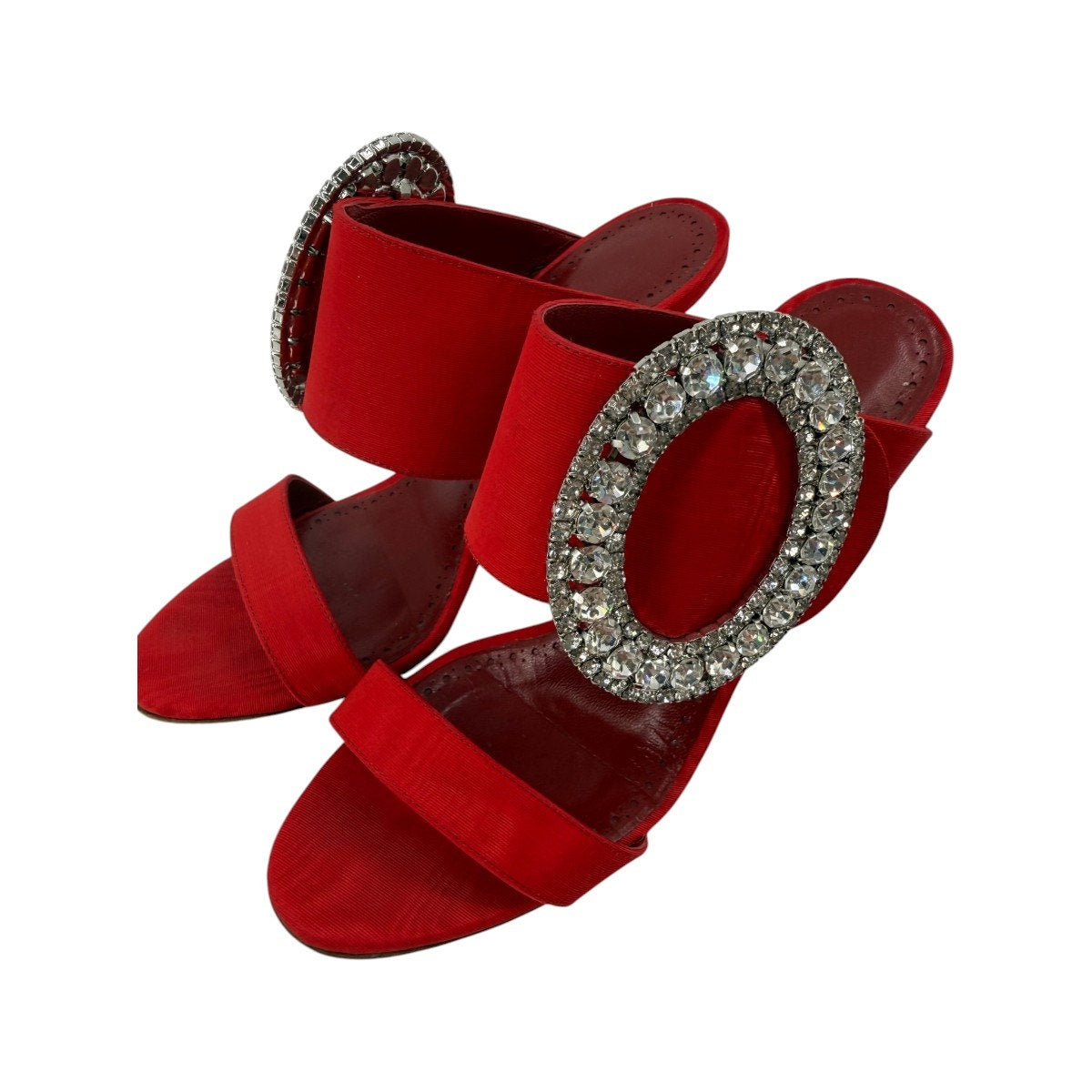 Manolo Blahnik Fibiona Moiré Crystal Buckle Mule Sandals