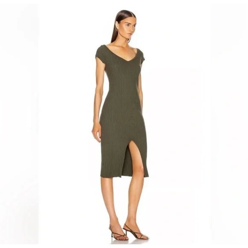 Enza Costa Cotton Knit V-Neck Cap Sleeve Slit Midi Dress