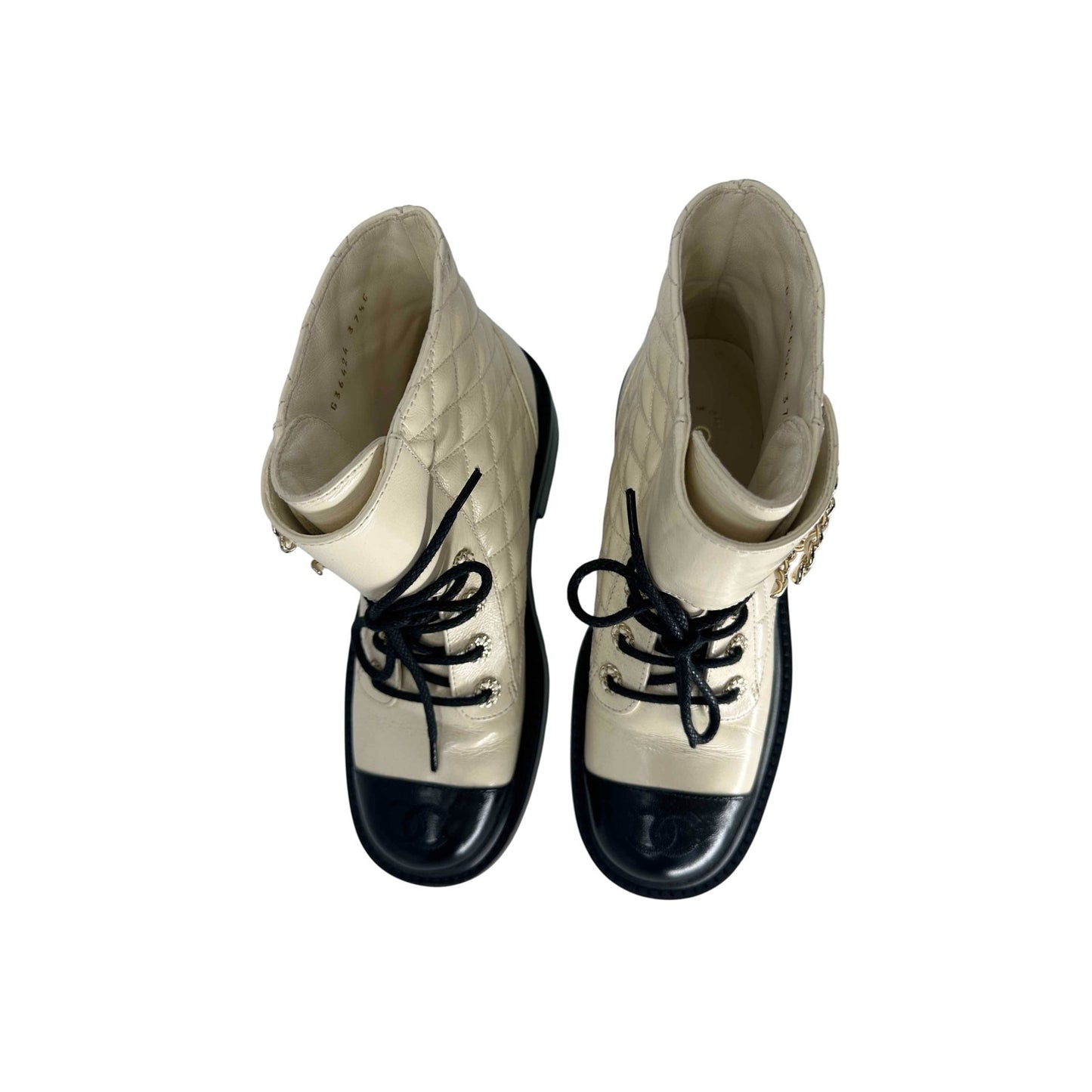 Chanel Leather Quilted CC Logo Lace Up Combat Boots