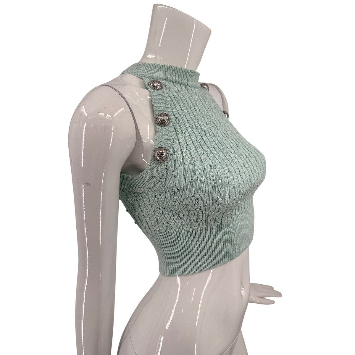 Balmain Button Embellished Ribbed Knit Cropped Tank Top Mint