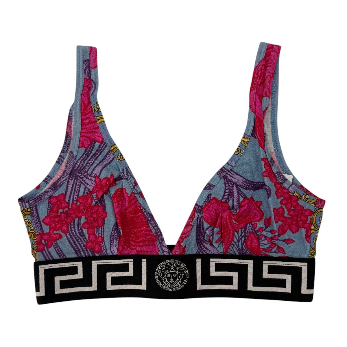 Versace Floral Print Greca Band V-Neck Sports Bra