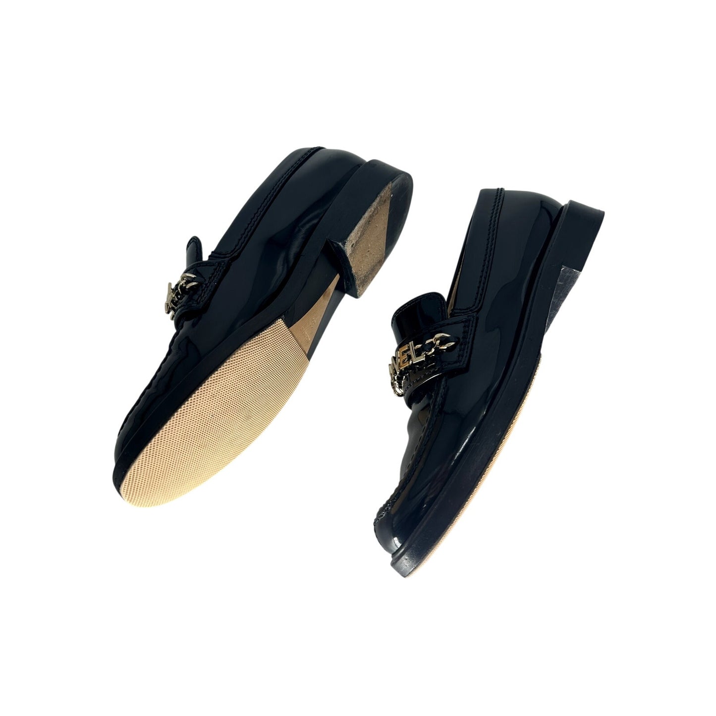 Chanel Patent Leather Logo Chain Flat Loafers