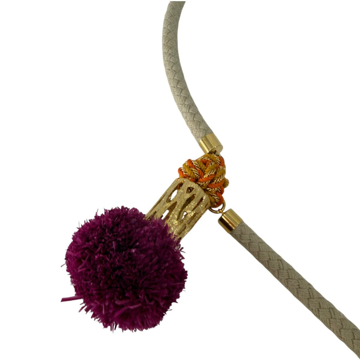 Tory Burch Beige Rope Tassel Statement Necklace Gold Tone Pom Pom