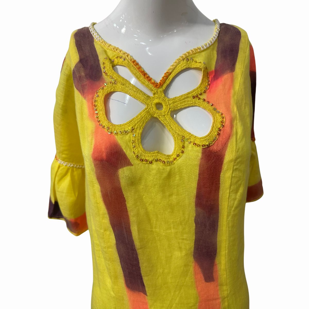 Myriam A. Floral Cutout Neck Bell Sleeve Midi Kaftan Dress Yellow One Size