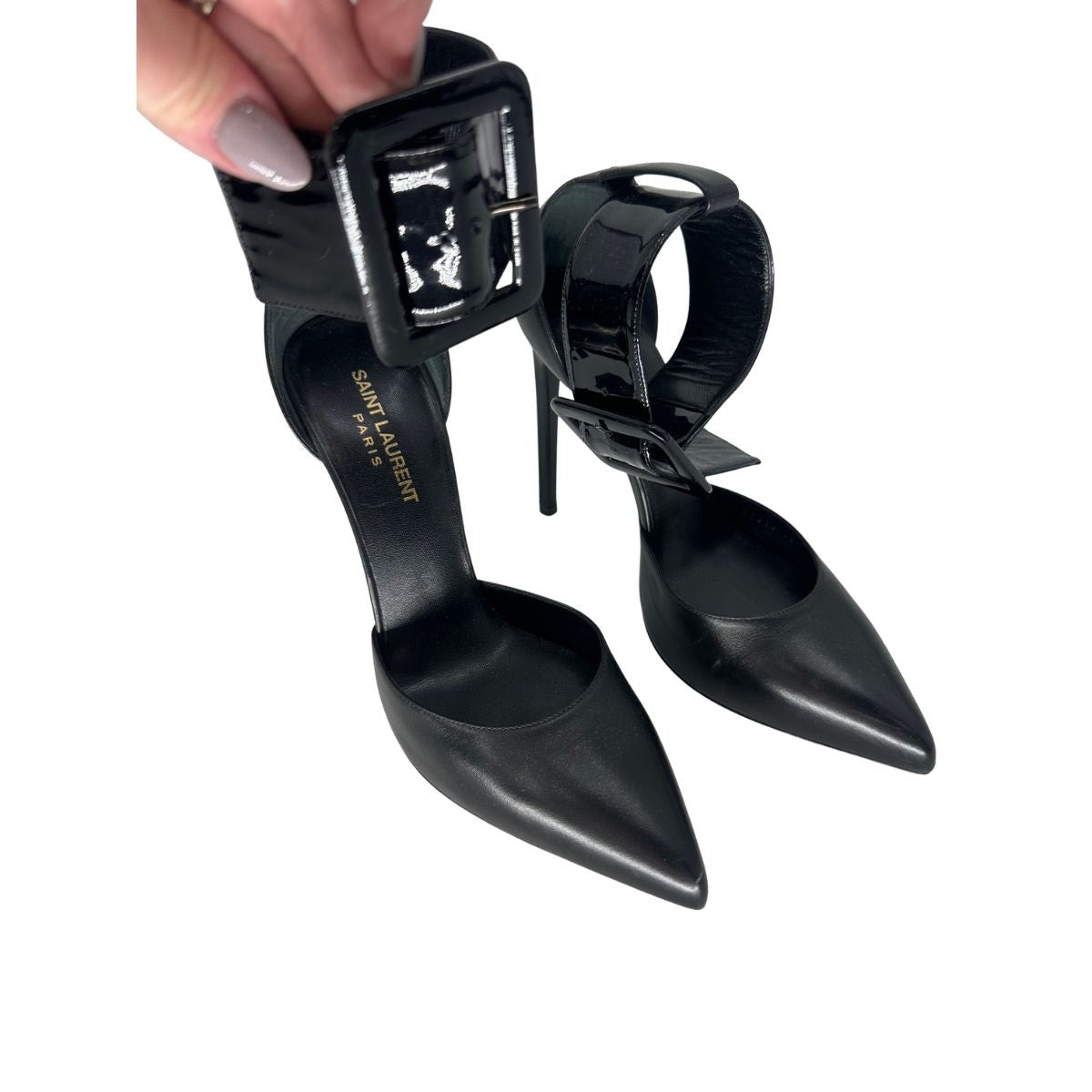 Saint Laurent Leather Pointed Toe Ankle Strap Pumps Heels