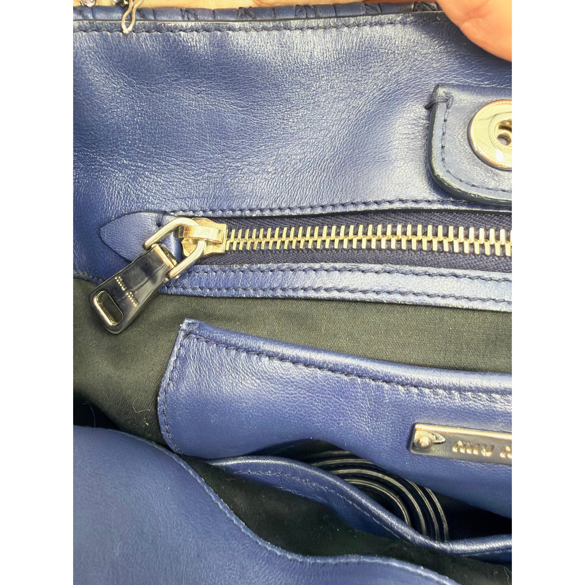 Miu Miu Nappa Crystal Matelasse Top Handle Tote Navy Blue Leather Chain Strap