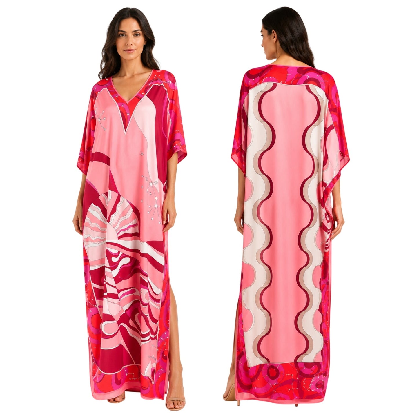 Emilio Pucci Firenze Silk Geometric Print Kaftan Maxi Dress Pink Red IT 36 US 2