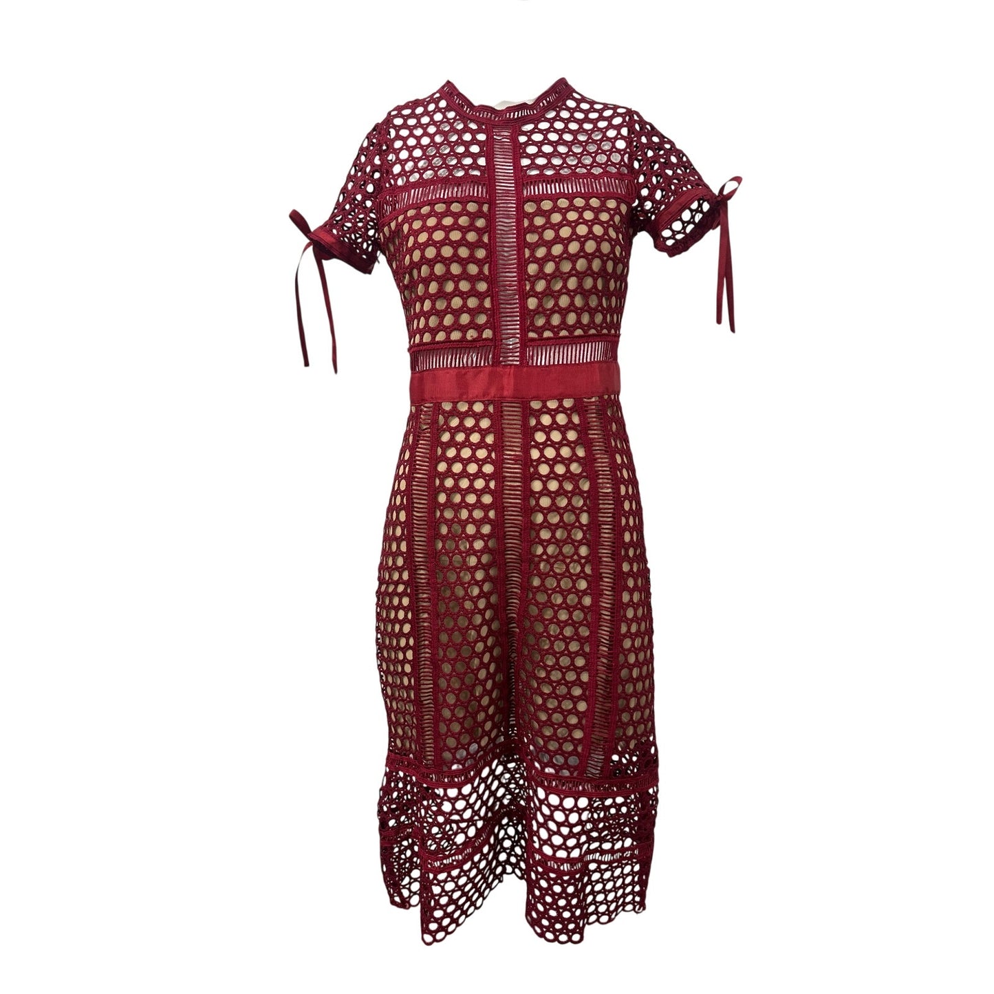Self-Portrait Burgundy Lace Column Short Sleeve Midi Dress