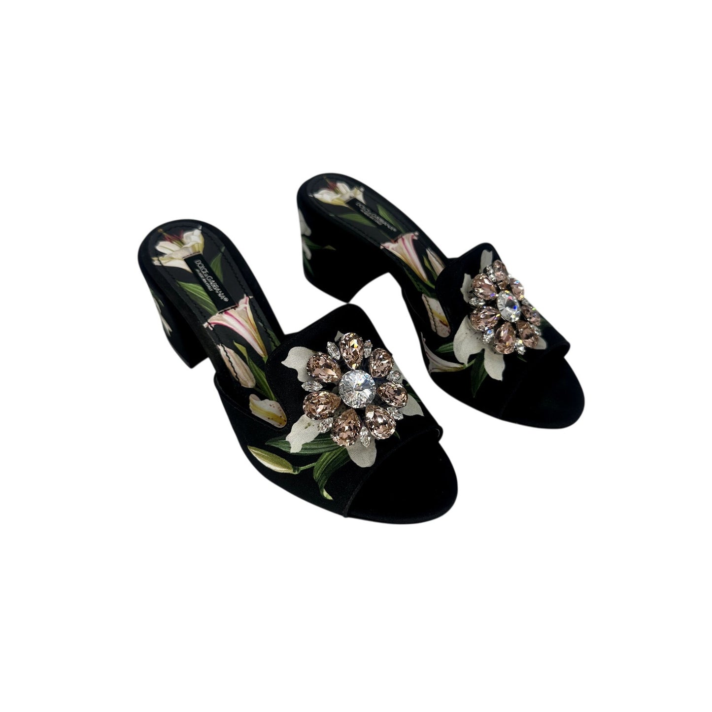 Dolce & Gabbana Satin Floral Print Crystal Low Heel Slide Sandals