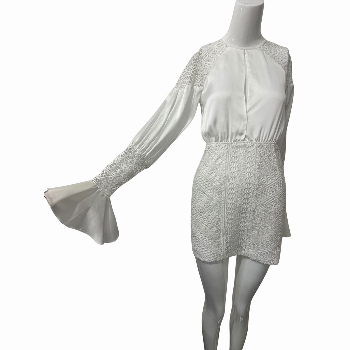 Michael Costello x Revolve Shandy Satin Mini Dress Lace Trim Long Sleeve