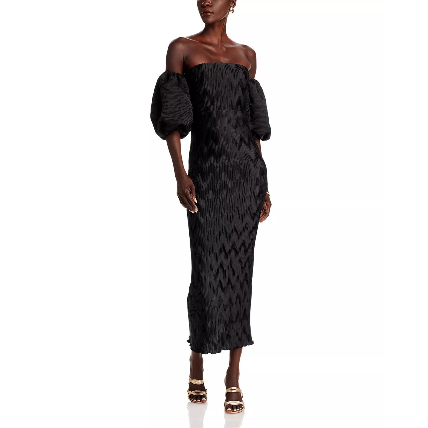 L'Idee Du Cap Off-The-Shoulder Puff-Sleeve Pleated Midi Dress