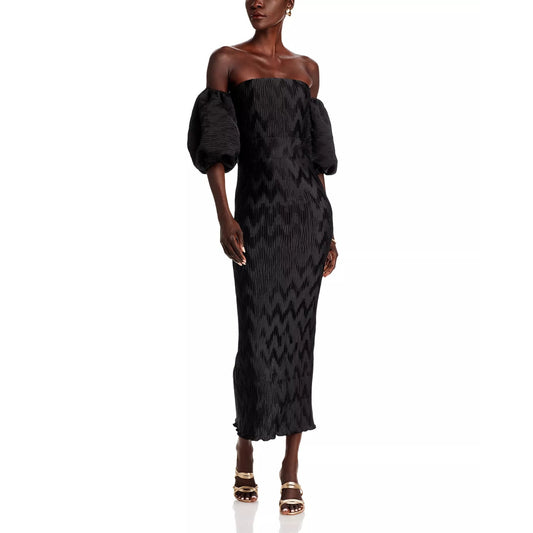 L'Idee Du Cap Off-The-Shoulder Puff-Sleeve Pleated Midi Dress