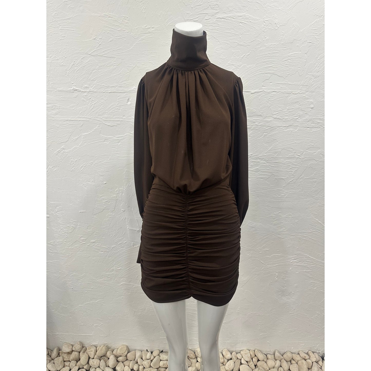 Rony Kobo Yebba Mock Neck Long Sleeve Ruched Pleated Mini Dress