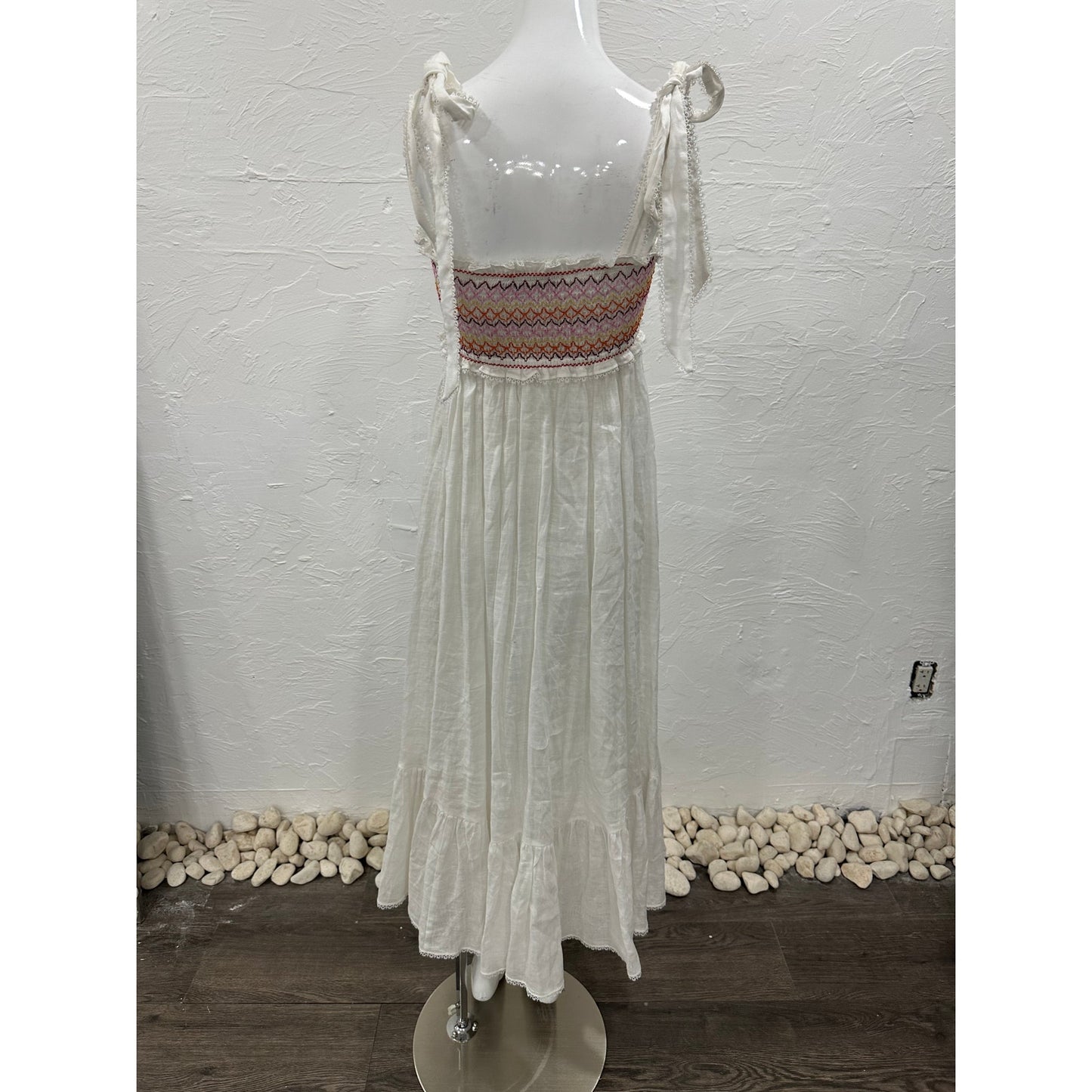Zimmermann Linen Goldie Rainbow Smocked Tie Maxi Dress White Women's Size 0