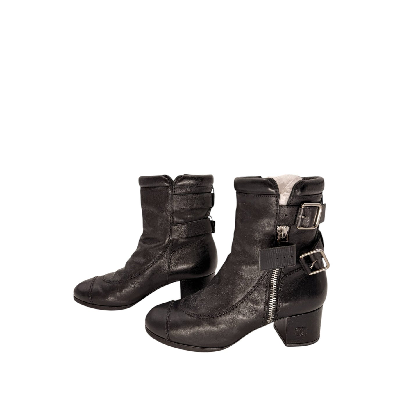 Chanel Leather Interlocking CC Logo Ankle Moto BIker Boots
