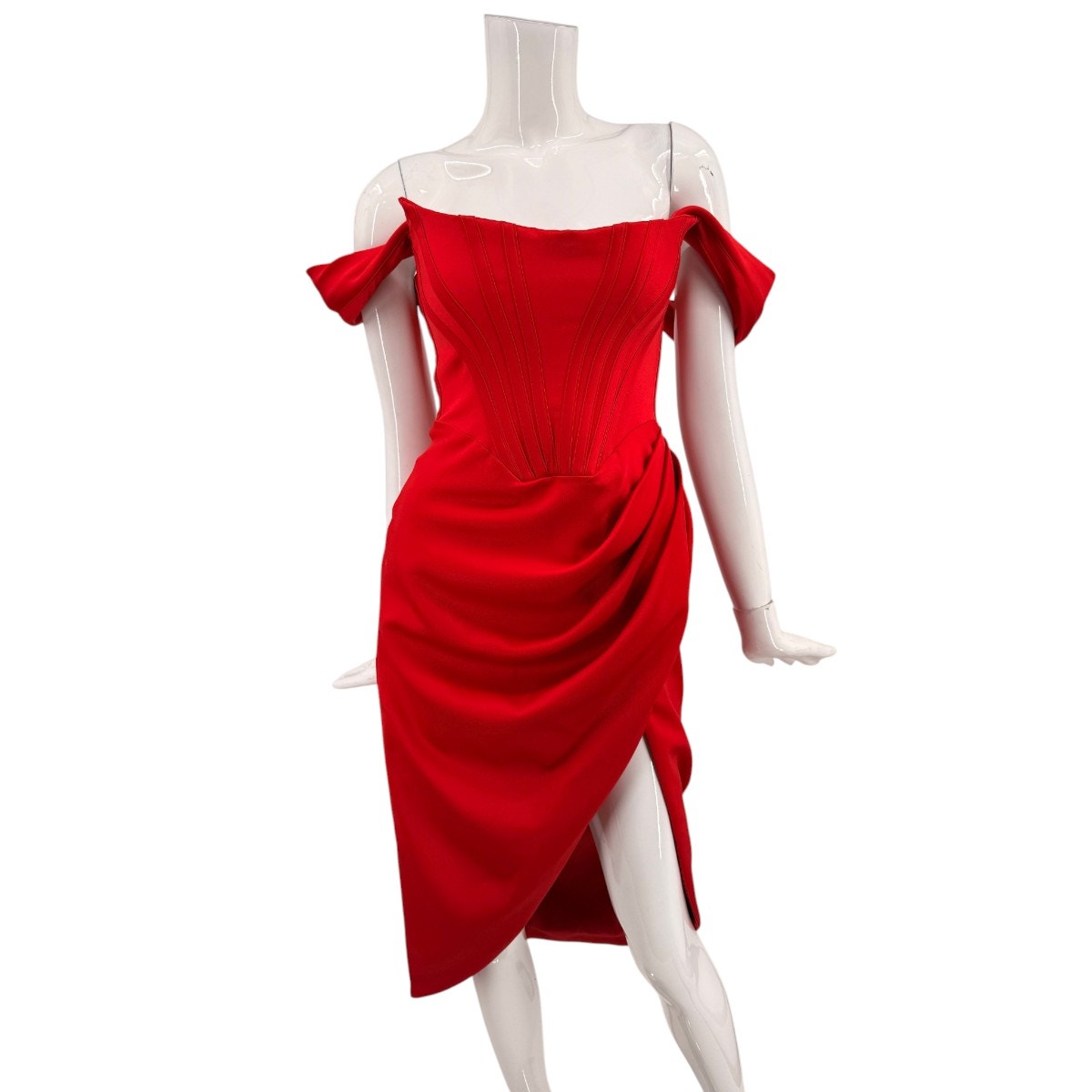 House of CB Satin Loretta Off-Shoulder Corset Midi Dress