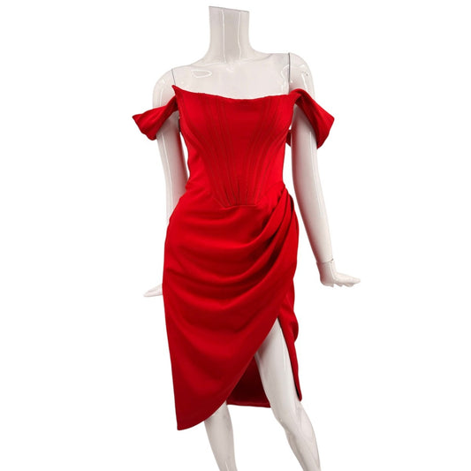 House of CB Satin Loretta Off-Shoulder Corset Midi Dress