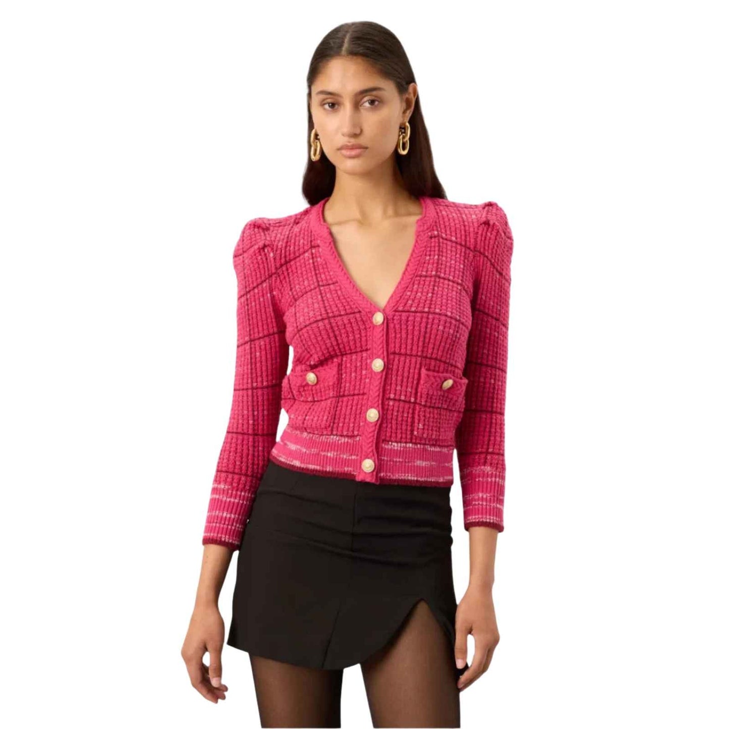 L'AGENCE Jenni Cotton Blend Tweed Knit Button Front Cardigan