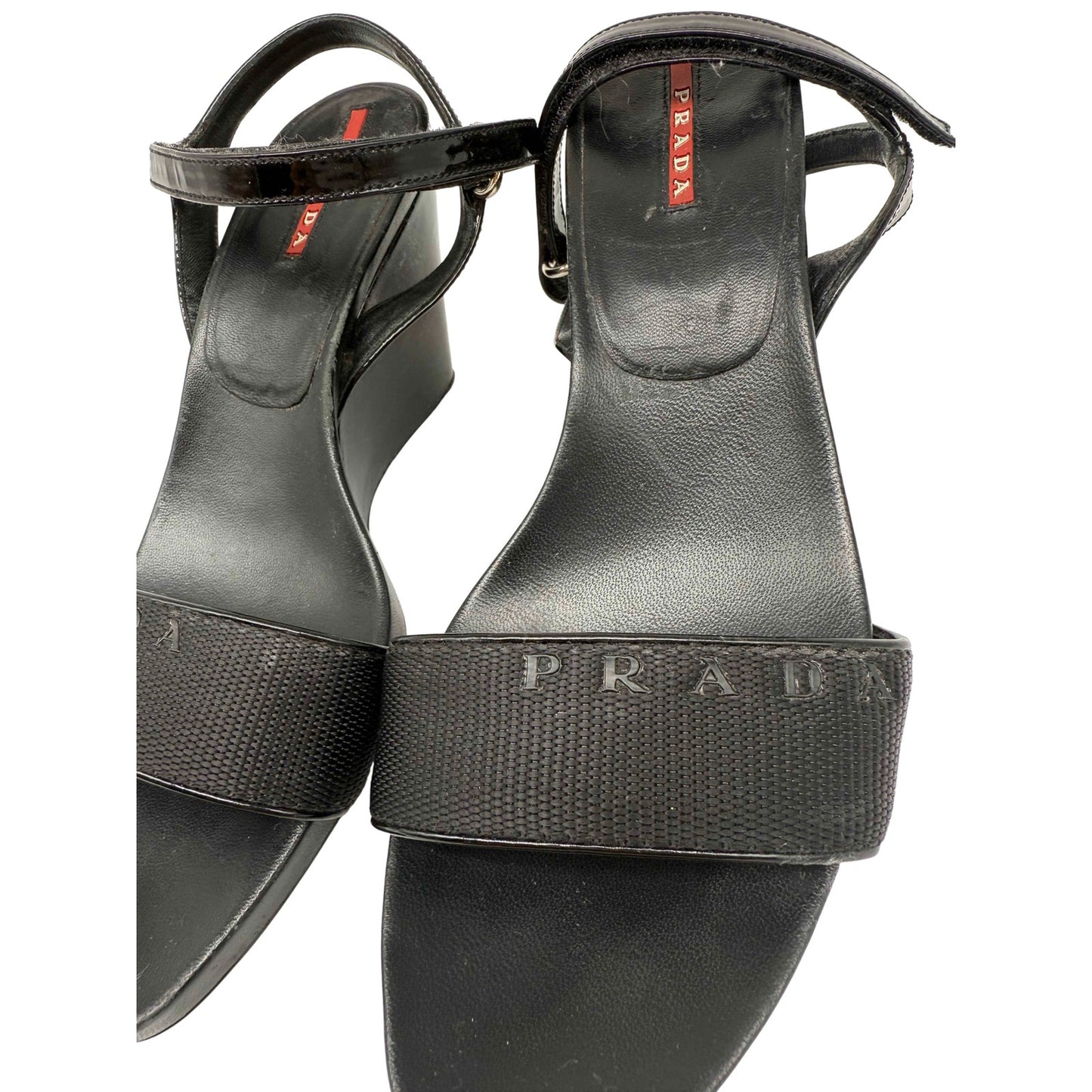 Prada Patent Leather Open Toe Ankle Strap Wedge Sandals