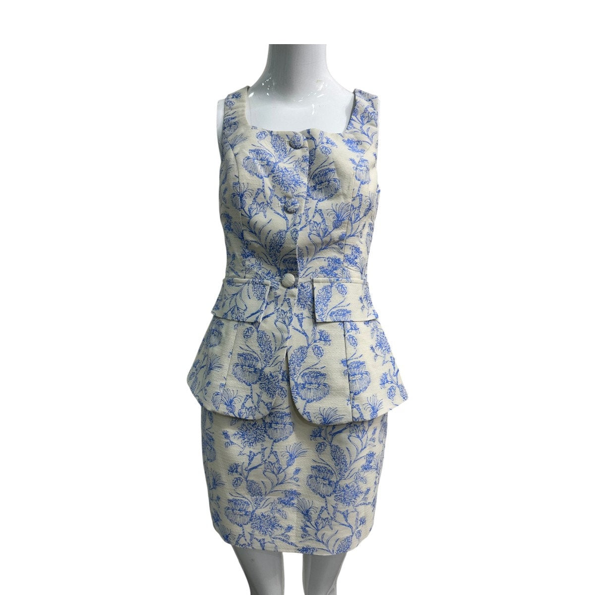 Commense Blue White Floral Jacquard Sleeveless Peplum Skirt Set