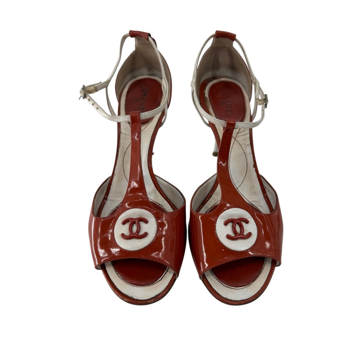 Chanel Patent Leather Interlocking CC Logo T-Strap Sandals