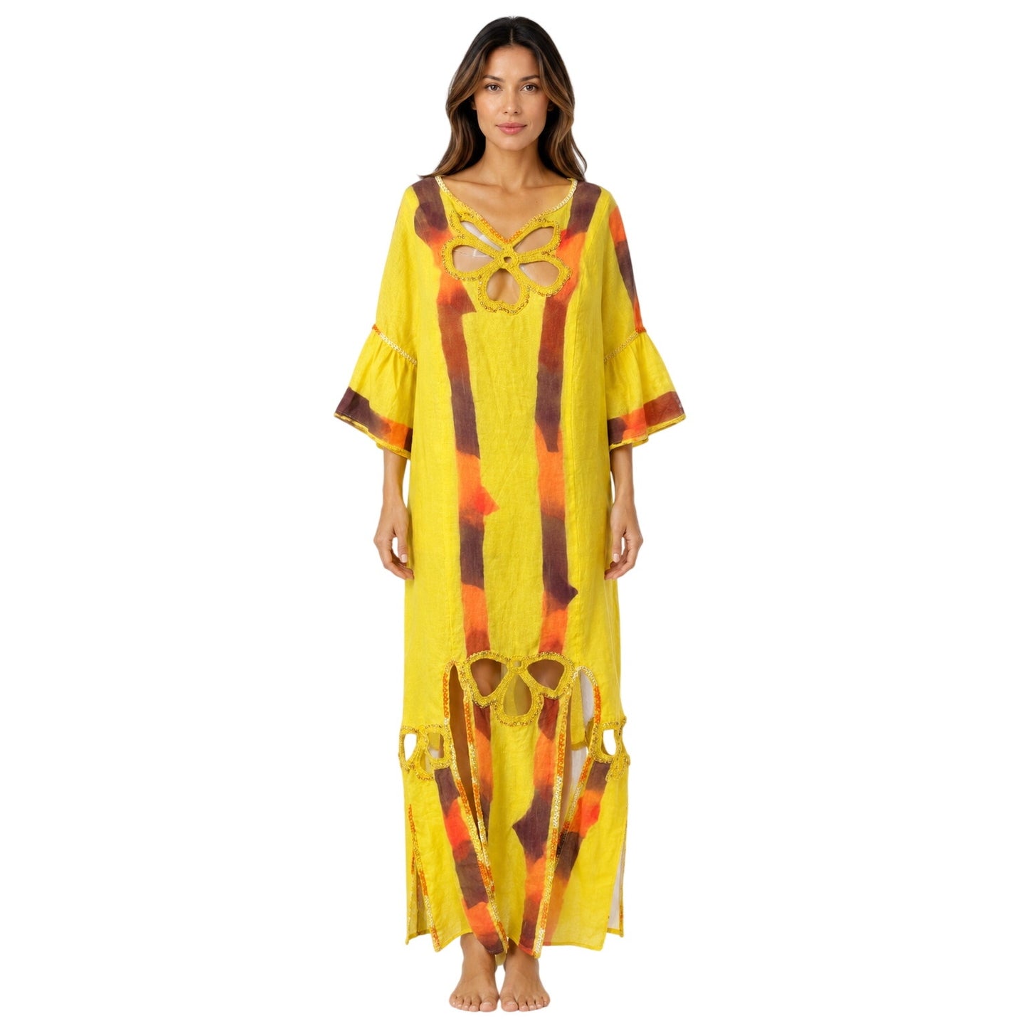 Myriam A. Floral Cutout Neck Bell Sleeve Midi Kaftan Dress Yellow One Size