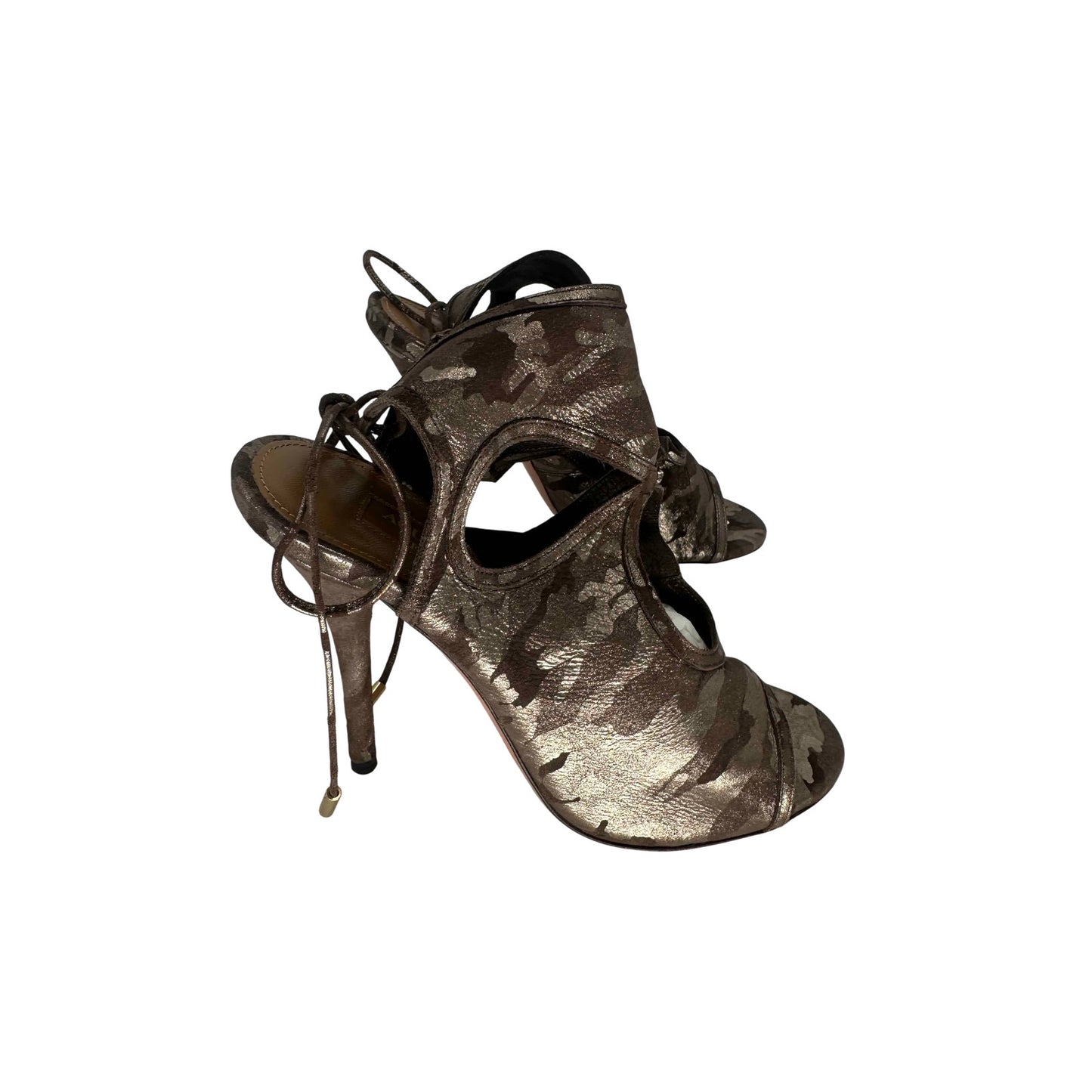 Aquazzura Sexy Thing 105 Metallic Camouflage Suede Cutout Sandal Women's Size 35